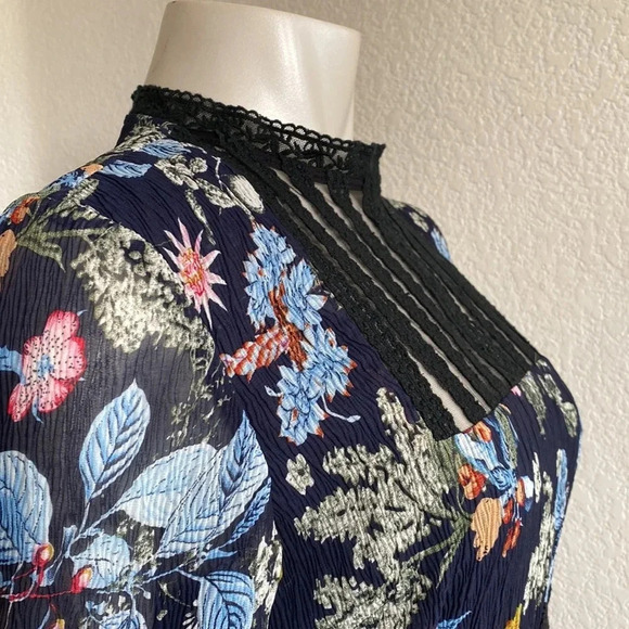 NWT Foxiedox Juniper Navy Blue Black Floral Print Mesh Embroidered Neck Dress L - Picture 9 of 12